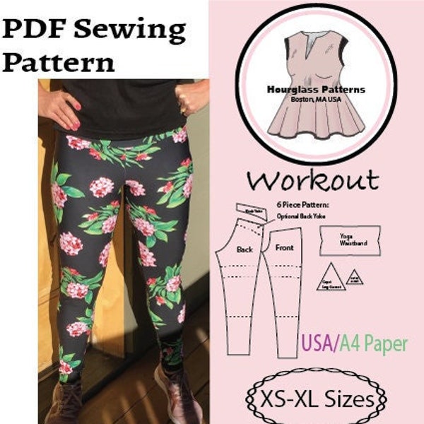 Hourglass Patterns©:  Workout Leggings Capri or Short w/ Yoga Waist, Crotch Gusset, Optional Capri Leg Gussets and Back Yoke.  Sizing XS-XL