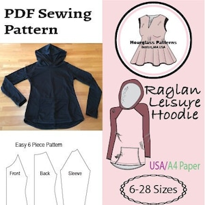 Hourglass Patterns©:  Leisure Hoodie with Raglan Sleeves Size 6-28.  Women's easy hoodie sewing pattern. PDF Instant Download Sewing.