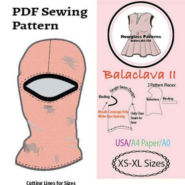 Hourglass Patterns©: Balaclava II** mouth coverage only** Pdf instant download sewing pattern XS-XL.  Winter Sports Face Coverage Mask. Ski