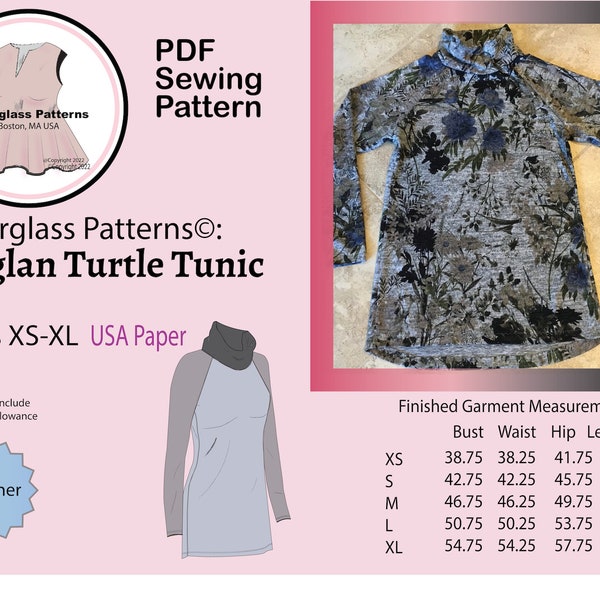 Hourglass Patterns©-USA Paper Raglan Turtle Tunic Long Sleeve Sweater, Women's Sewing Pattern with Raglan Sleeves and Turtleneck.Sizes XS-XL