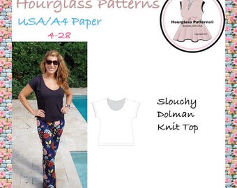 Hourglass Patterns©: Slouchy Dolman Top Pattern.  Easy Women's Knit Short Sleeve Dolman Top.  Instant Download PDF Sewing Pattern.