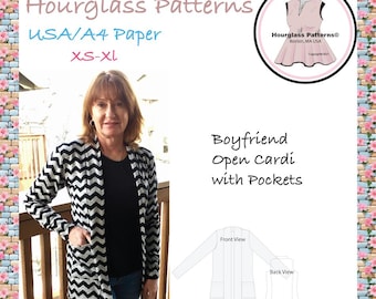 Hourglass Patterns©: Boyfriend Open Cardigan con cuciture principessa posteriori e tasche PDF modello download immediato. Taglie XS-XL. Cucito da donna