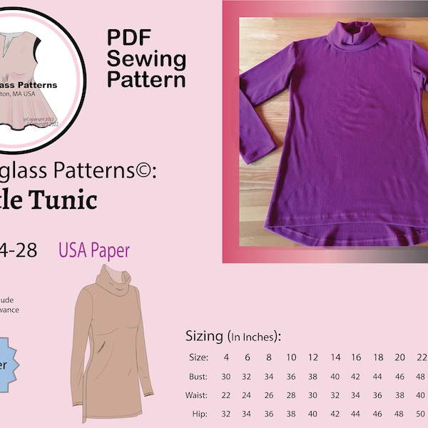 Hourglass Patterns©-Turtle Tunic Long Sleeve Sweater, Women's PDF Sewing Pattern with Slight High Low Hem and turtleneck.  Sized for 4-28