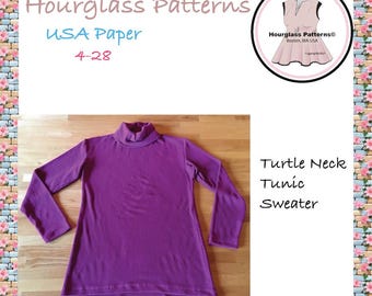 Hourglass Patterns©-Maglione a tunica tartaruga a maniche lunghe con orlo leggermente asimmetrico e collo alto. ***Modello di cucito PDF***.