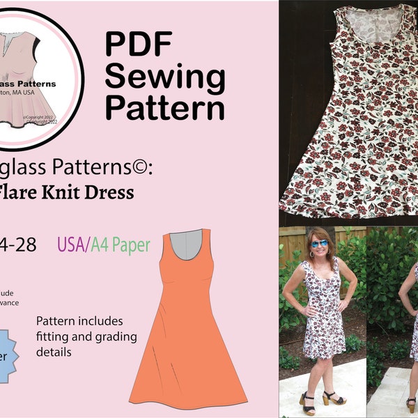 Hourglass Patterns©:  Flirt Flare Knit Dress Size 4-28 PDF Sewing Pattern.  Flared, Sleeveless, scoop neck dress. Beginner sewing for women.