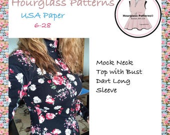 Hourglass Patterns©: Top a collo alto con maniche lunghe e pinces sul seno. Modello di cucito facile per top da donna ***Scarica PDF Modello di cucito***.