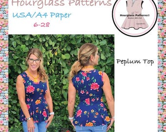 Hourglass Patterns© Top in maglia con peplo, taglia 6-28. Top estivo senza maniche. ***Modello di cucito PDF***