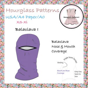 Hourglass Patterns©: Balaclava **Nose and Mouth Coverage** Pdf Instant Download Size XS-XL.  Easy single seam winter face cover. Ski Mask.