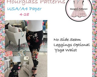 Patrones de reloj de arena©: Leggings sin costuras laterales. Cinturilla elástica o de yoga. Patrón de costura fácil para mujer. Descarga instantánea del patrón en PDF.