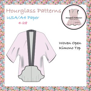 Pode incluir: Uma ilustração digital de um quimono aberto de tecido rosa com uma borda preta. O texto "Hourglass Patterns" e "Woven Open Kimono Top" é visível na imagem.