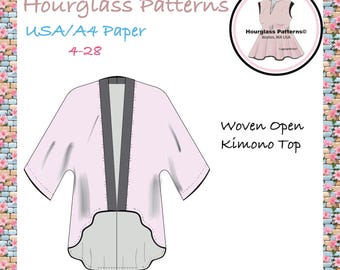 Hourglass Patterns©: Top kimono Dolman in tessuto aperto sul davanti. Modello di cucito PDF da donna. Cucito facile.