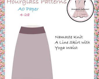 Modello di cucito Hourglass Patterns©-A0 in formato PDF da scaricare: Gonna a trapezio in maglia Namaste con fascia in vita stile yoga.