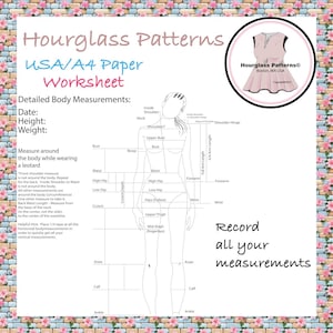 Puede incluir: Una hoja de trabajo de Hourglass Patterns con medidas corporales detalladas. El diagrama muestra una figura femenina con partes del cuerpo etiquetadas para registrar medidas. El texto incluye "Registre todas sus medidas."