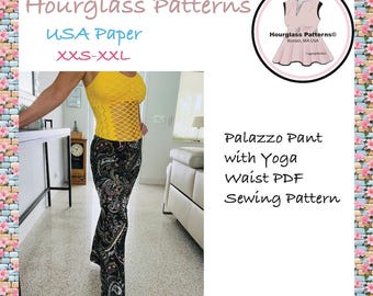 Hourglass Patterns©: Pantaloni palazzo senza cuciture laterali con cintura yoga in PDF. Modello di cucito facile per pantaloni palazzo.***Modello di cucito PDF***