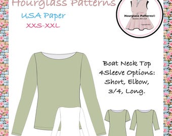 Hourglass Patterns©: modello di cucito per top con scollo a barca. 4 diverse opzioni di maniche. Modello di cucito scaricabile immediatamente in formato PDF.