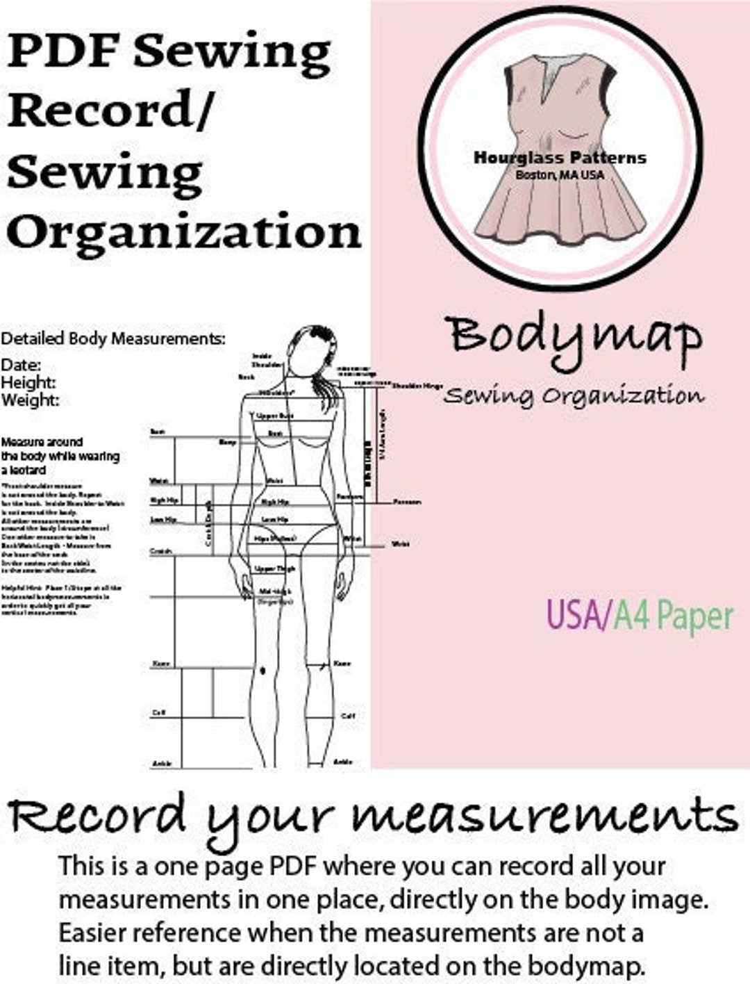 Hourglass Patterns© Detailed Body Measurements. Sewing Planner. Sewing