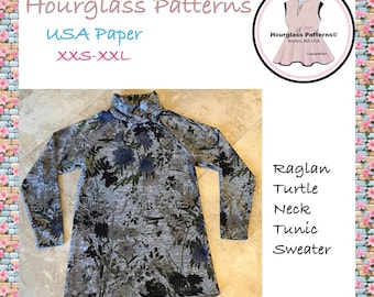 Hourglass Patterns©: Maglione a maniche lunghe con motivo a tartaruga raglan. ***Modello di cucito PDF***