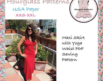 Hourglass Patterns©: Gonna lunga in maglia con fascia yoga in vita. ***Modello di cucito PDF***. Modello di cucito facile per gonna lunga da donna.