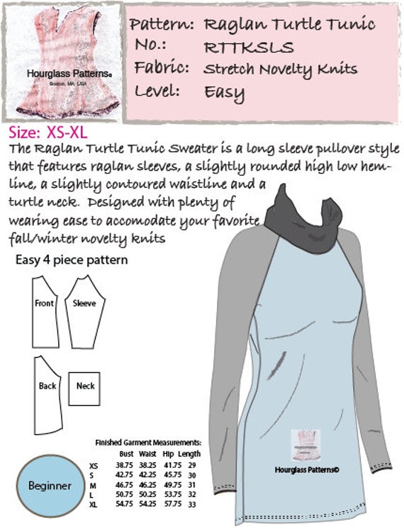 Hourglass Patterns C Raglan Turtle Tunic Long Sleeve Sweater Women S Sewing Pattern With Raglan Sleeves And Turtleneck Sizes Xs Xl