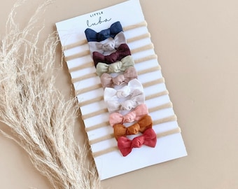 All 10 Mini Baby Bow headbands, Mini Baby bows Headbands, Mini Bow headbands, Baby girl bows, Baby Bow headbands, Linen bow headband or clip