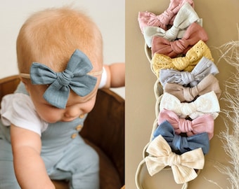 10 Linen bow headbands, Baby linen bows, Baby bow headbands, Neutral linen bows, Baby girl bows, Bow headbands, Linen bow headband or clips