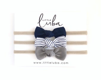Baby, headbands, baby girl headband, baby bow headband, bow headband set, baby bows, baby girl headbands, nylon : Navy. Pinstripe. Grey