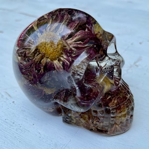 Skull decor-Clear epoxy resin skull filled with dried purple Chrysanthemums