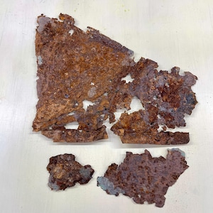May include: Several pieces of weathered, rusty metal with irregular edges. The metal has a mottled brown and orange appearance, with hints of blue-green oxidation in some areas. The pieces vary in size and shape, suggesting they may have been torn or broken.