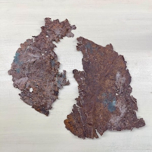 May include: Two irregularly shaped, rusty brown metal pieces with jagged edges. The metal has a textured surface with hints of blue and green, suggesting oxidation. The pieces are placed on a light-colored wooden surface.