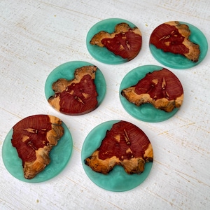Handmade wood and epoxy coasters-Red Cedar with Turquoise epoxy resin