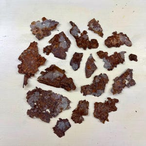 May include: A collection of irregularly shaped, rusty metal fragments scattered across a light-colored surface. The pieces vary in size and have a mottled, textured appearance with shades of brown and gray.