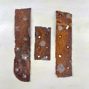 Peut inclure: Trois pièces métalliques rectangulaires rouillées, de couleur marron. Chacune présente plusieurs trous circulaires et des bords irréguliers, indiquant l'âge et l'utilisation. Le métal montre des signes de corrosion et d'usure.