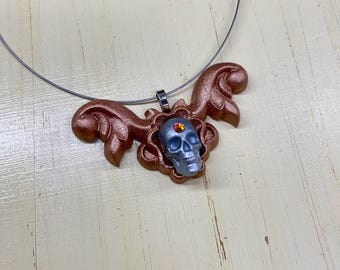 Skull necklace-Gothic epoxy skull on large wood filigree.