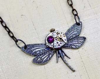 Dragonfly necklace-Handmade steampunk pendant with bejeweled vintage watch movement