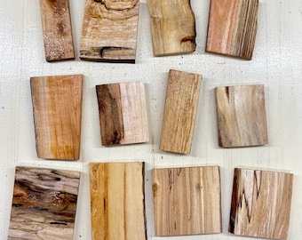 May include: An overhead shot displays a collection of small, rectangular wood pieces. The pieces vary in color, from light tan to reddish-brown, with unique grain patterns. Some pieces have a natural edge, while others are cut straight. The wood appears to be unfinished.