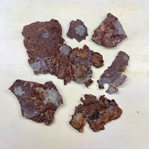 May include: Several irregularly shaped pieces of rusted metal with a mottled brown and orange appearance. Some pieces have patches of gray-green discoloration. The metal fragments are scattered on a light-colored surface.