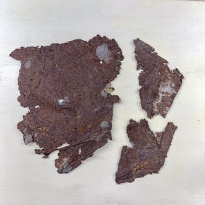May include: Close-up of several pieces of rusted metal with a rough, textured surface. The metal is primarily shades of brown and rust, with some areas of lighter gray and white. The pieces are irregularly shaped and appear to have broken edges.
