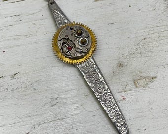 Steampunk necklace-Handmade necklace made from vintage watch movement, clock gear, and antique spoon handle