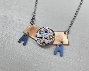 Steampunk necklace-Bejeweled vintage watch movement pendant