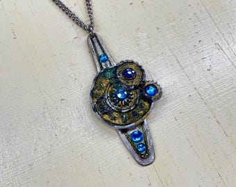 Steampunk necklace-Bejeweled vintage watch movement with bat wings
