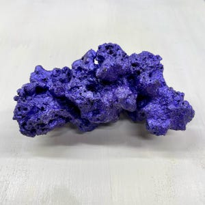Könnte beinhalten: Eine lebendige, strukturierte, blaue Felsformation. Die poröse Oberfläche weist viele kleine Löcher und Spalten auf. Der Felsen hat einen tiefen Blauton mit einer leicht rauen, unebenen Textur. Das Objekt ist vor einem weißen Hintergrund platziert.