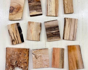 May include: A collection of twelve rectangular wood pieces with varying grain patterns and colors. The pieces range from light beige to dark brown, with some displaying knots and unique textures. The wood appears to be unfinished, showcasing its natural beauty.