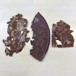 May include: Three pieces of rusted metal with irregular edges are arranged on a white surface. The metal has a dark brown color with areas of lighter brown and gray, showing signs of corrosion and age.