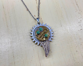 Steampunk necklace-Bejeweled vintage watch movement pendant