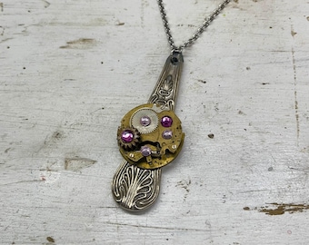 Steampunk necklace-Handmade necklace made from large vintage watch movement, and antique spoon handle