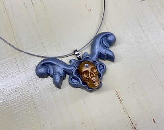 Skull necklace-Gothic epoxy skull on large wood filigree.