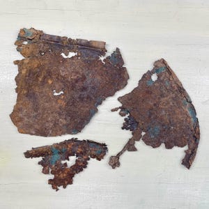 Peut inclure: Trois morceaux de métal rouillé de formes irrégulières, présentant des teintes marron et orange, avec des zones d'oxydation bleu-vert. Les fragments métalliques ont des formes irrégulières et plusieurs trous. Ils sont disposés sur une surface en bois clair.
