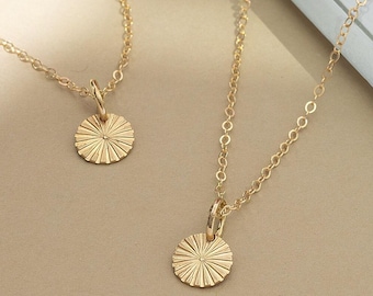 Dainty Sunburst Necklace: 14k Gold Fill or Sterling Silver Disc Pendant
