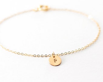 Small Letter Bracelet - Tiny Personalized Bracelet - Hand Stamped Jewelry - Gold Disc Bracelet - Everyday Bracelet