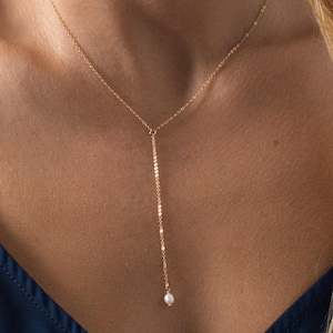Pearl Lariat Necklace – Waterproof Pearl Y Necklace – Dainty Gold Chain with Freshwater Pearl – Summer Wedding Jewelry – Gift For Her